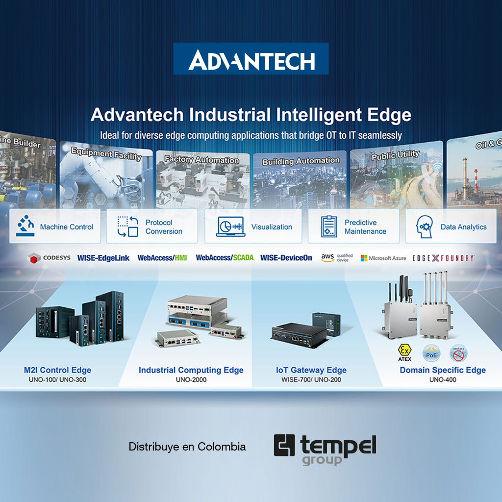 Acceda al portafolio de Advantech en Colombia con el respaldo de Tempel Group: computación industrial, módulos ADAM y conectividad OT con asesoría y garantía local.